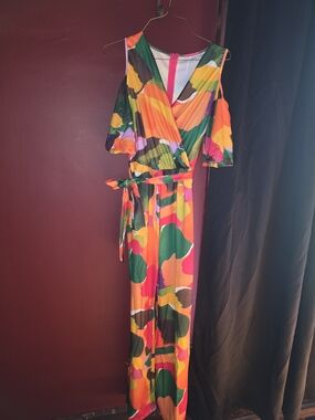 Bold Multi-Color Cold-Shoulder Wrap Jumpsuit